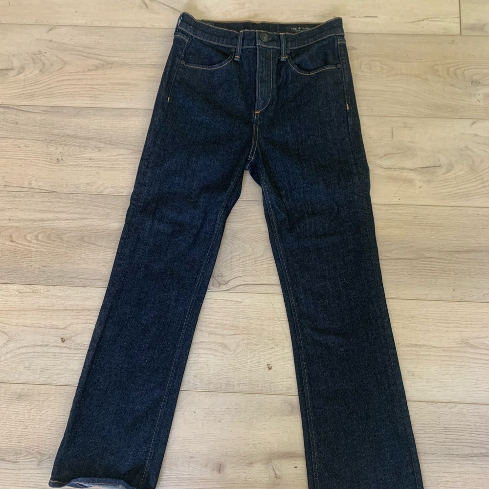 Dark wash mid to high rise. Rag and Bone jeans. A tiny bit dressy for jeans.